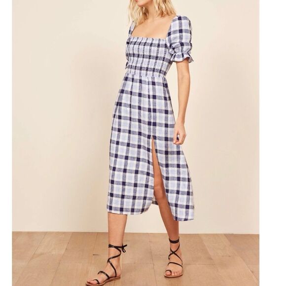Reformation Marabella Linen Midi Dress Puff Sleeve Gingham Checkered Blue Size M - Picture 9 of 9